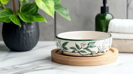 3D ceramic soap dish with a vintage floral design, placed on a marble countertop, soap dish, vintage elegance