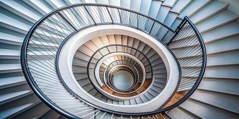 A spiral staircase with a black metal railing, leading up to a brightly lit upper floor, showcasing the intricate interplay of light and shadow on the steps and handrail.