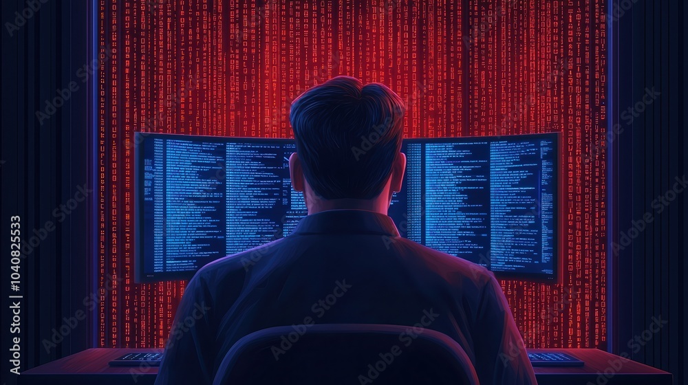 Poster person interacting with dual monitors displaying code against a red matrix background.