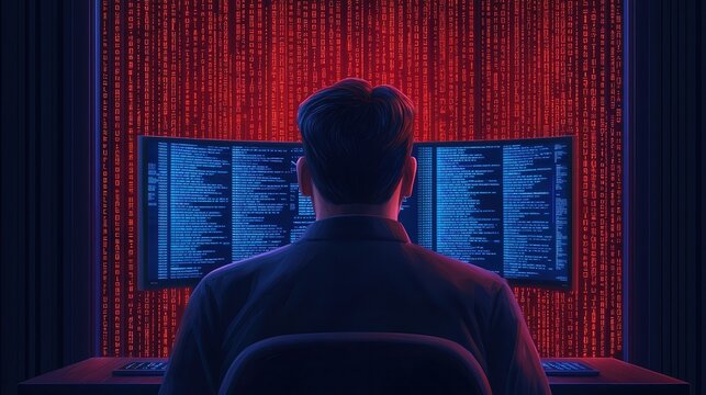 Person interacting with dual monitors displaying code against a red matrix background.