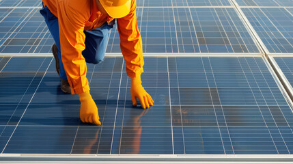 dedicated electrical engineer is working on solar panels, ensuring optimal performance and efficiency. bright orange attire and safety gear highlight importance of safety in renewable energy