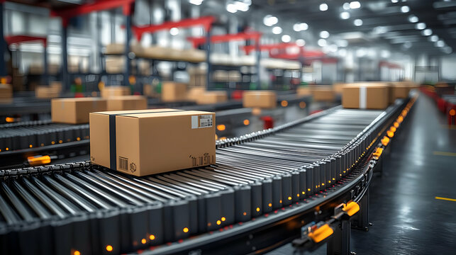 Conveyor Belt System in Warehouse with Cardboard Boxes 3D Illustration