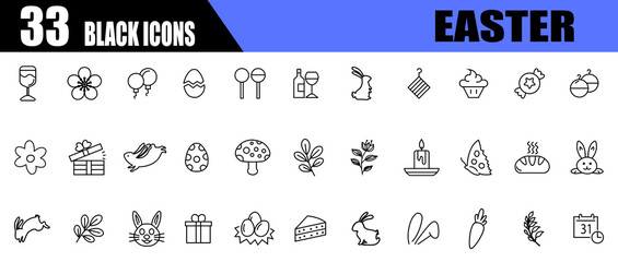 Easter black icon set. flat line icons.
