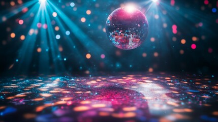A vibrant dance floor illuminated by colorful laser lights beneath a shimmering disco ball creates an energetic party atmosphere at night