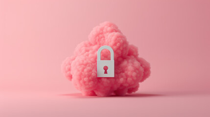whimsical representation of pink cloud with padlock, symbolizing security and creativity. This artistic image evokes sense of protection and imagination