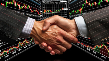 professional handshake between colleagues signifies collaboration and agreement in business environment, set against backdrop of financial charts and data