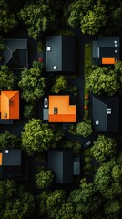 Fototapeta premium Aerial view of houses with vibrant roofs surrounded by lush green trees