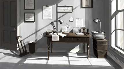 Fototapeta premium detailed black and white sketch of clinics office featuring wooden desk, stacks of papers, lamp, and chair. sunlight casts shadows, creating serene atmosphere