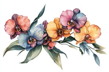 Fototapeta na wymiar Watercolor painting of a vibrant bouquet of orchid flowers in pink, orange, and blue tones.