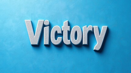 Victory word sculpture on a blue textured background, symbolizing achievement and success.
