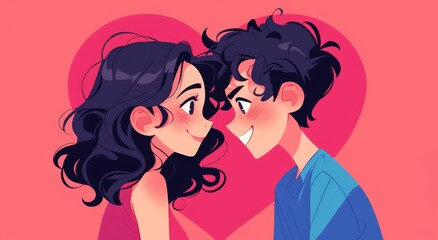 Adorable Cartoon Couple Smiling Within a Heart Frame: A Girl with Short Hair and a Boy with Long Curly Hair Against a Pink Background in a Romantic, Pastel-Toned Aesthetic.