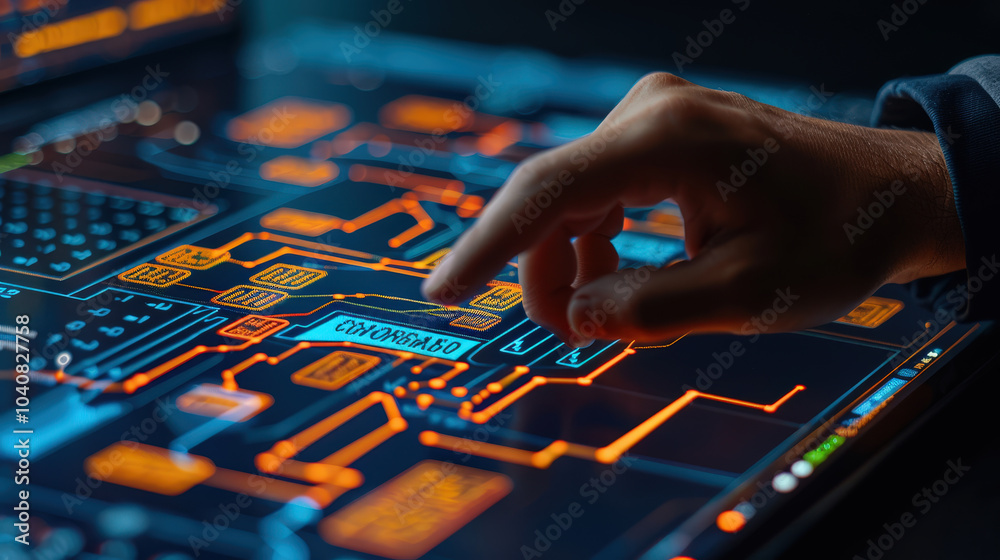 Aufkleber person interacts with futuristic touchscreen interface displaying complex digital data and circuitry