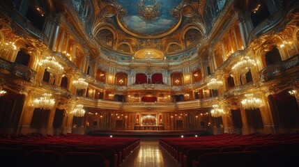 Fototapeta premium Grand theater interior with ornate architecture and chandeliers.