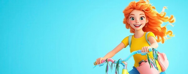 Fototapeta premium A popular girl smiling brightly while riding a pastel-colored bike, with streamers on the handles, 3D render, Vibrant and playful