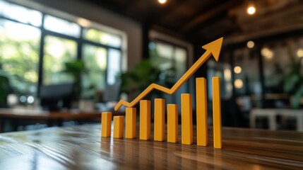Growth and success, yellow chart depicting upward trend on wooden table yellow