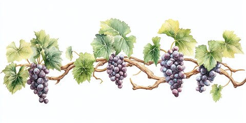 Watercolor illustration of a grape vine with green leaves and ripe purple grapes on a white background.