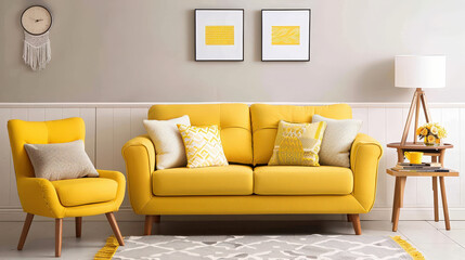 Bright and airy living room featuring vibrant yellow sofa and armchair, adorned with decorative pillows. pastel decor creates cheerful atmosphere, perfect for relaxation