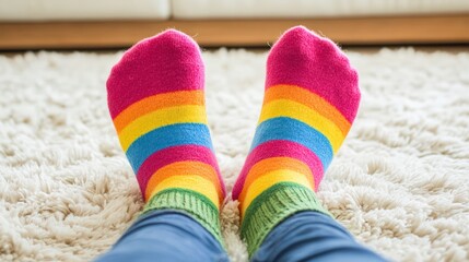 Colorful striped socks on feet resting on a cozy rug, evoking warmth and comfort in a homely setting.