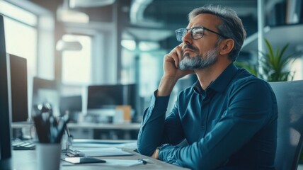 A corporate leader taking a deep breath, trying to relieve stress in a tense work environment