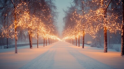 Naklejka premium Snowy Path with Trees Covered in Twinkling Lights