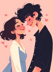 Cute Couple Smiling at Each Other with Heart-Shaped Shadows on a Pink Background, Featuring a Girl in Blue Pajamas and a Boy in Black Jeans, Illustrated in Soft Pastel Colors.