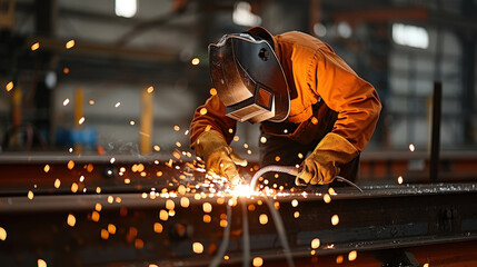 Bright sparks illuminate scene as welder works diligently in industrial setting, showcasing skill and precision in metal fabrication