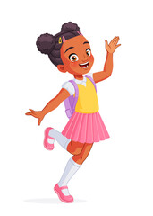 Happy African-American girl waving her hand and hopping on her way to school. Cartoon vector illustration.
