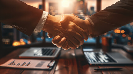 Business colleagues shaking hands in front of city skyline, symbolizing partnership and agreement. warm light creates positive atmosphere for collaboration