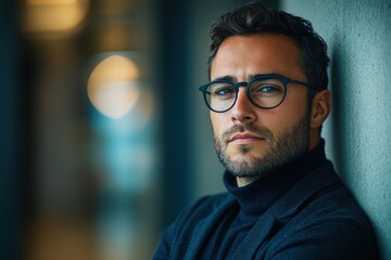 Obraz premium Confident man in glasses poses thoughtfully against a wall, blurred background.
