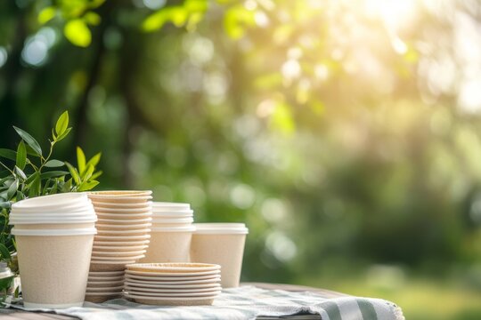 Stack of eco-friendly bagasse plates and cups on a picnic table outdoors, showcasing sustainable dining in bright daylight