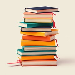 Colorful stacked books with ribbons on a white isolate background.
