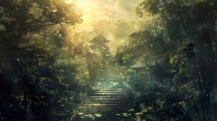 Obraz premium Serene Forest Path Leading to a Pagoda