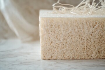 Close-up of a biodegradable mycelium box, highlighting its fibrous texture in soft light against a minimalist, eco-friendly backdrop
