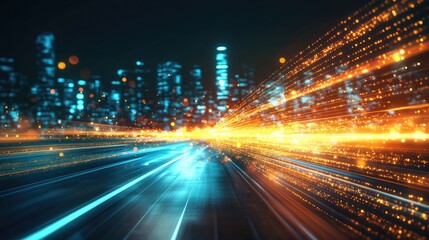 Fototapeta premium Futuristic Neon Rays Against Dark Cityscape