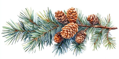 Naklejka premium Watercolor painting of a pine branch with cones.