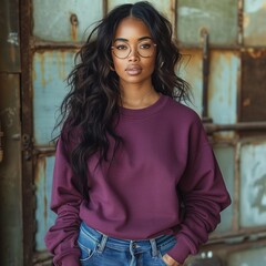 Fototapeta premium Black Woman Wearing Glasses and Purple Crewneck Sweatshirt, Rustic Background, Sweatshirt Mockups, Mockup Photos 