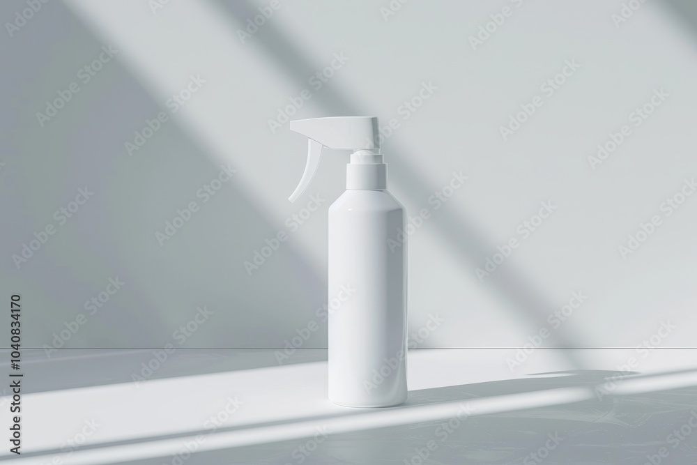 Poster white spray bottle with a trigger on a white surface.