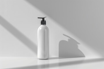 White pump bottle with black cap on a white surface with sunlight.