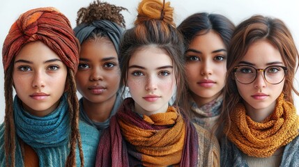 Fototapeta premium Five diverse young women wearing colorful scarves and headwraps.