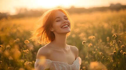 Happy woman in light dress standing in grass. 