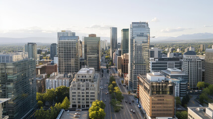 Fototapeta premium stunning city skyline showcasing large metropolis with modern glass buildings and vibrant urban atmosphere. scene captures essence of city life with greenery and distant mountains