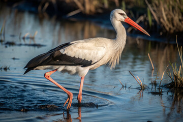 A stork striding elegantly through a marsh, its long legs disturbing the water as it hunts for fish