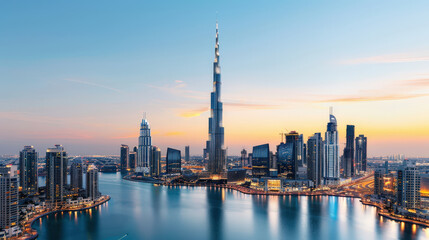 Fototapeta premium stunning cityscape at dawn featuring towering skyscrapers and urban structures reflecting in calm waters. vibrant colors of sky enhance beauty of this modern metropolis