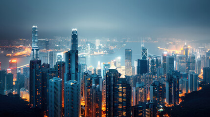 Obraz premium stunning cityscape at night featuring illuminated skyscrapers and vibrant skyline. scene captures essence of urban life with bright lights reflecting on water, creating mesmerizing atmosphere