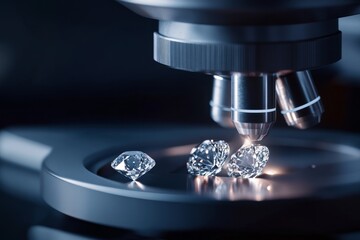 Microscope lens focused on three diamonds in lab setting.