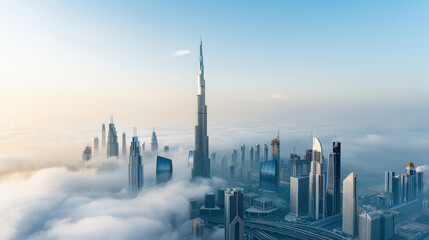 Obraz premium stunning cityscape featuring iconic skyscrapers reaching toward sky, surrounded by blanket of clouds. scene captures essence of modern architecture and urban beauty