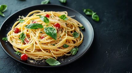 Plate of pasta with fresh herbs on dark background. Dark plate with italian foods. Ultra realistic. Photorealistic 