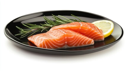 Fresh Salmon Fillet on Black Plate with Lemon