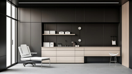 Fototapeta premium Modern clinic office with diagnostic tools, sleek design, and organized workspace. minimalist aesthetic creates calm and professional environment for patients and staff
