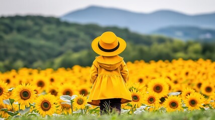 Charming child in a field of sunflowers, bright and cheerful, watercolor style